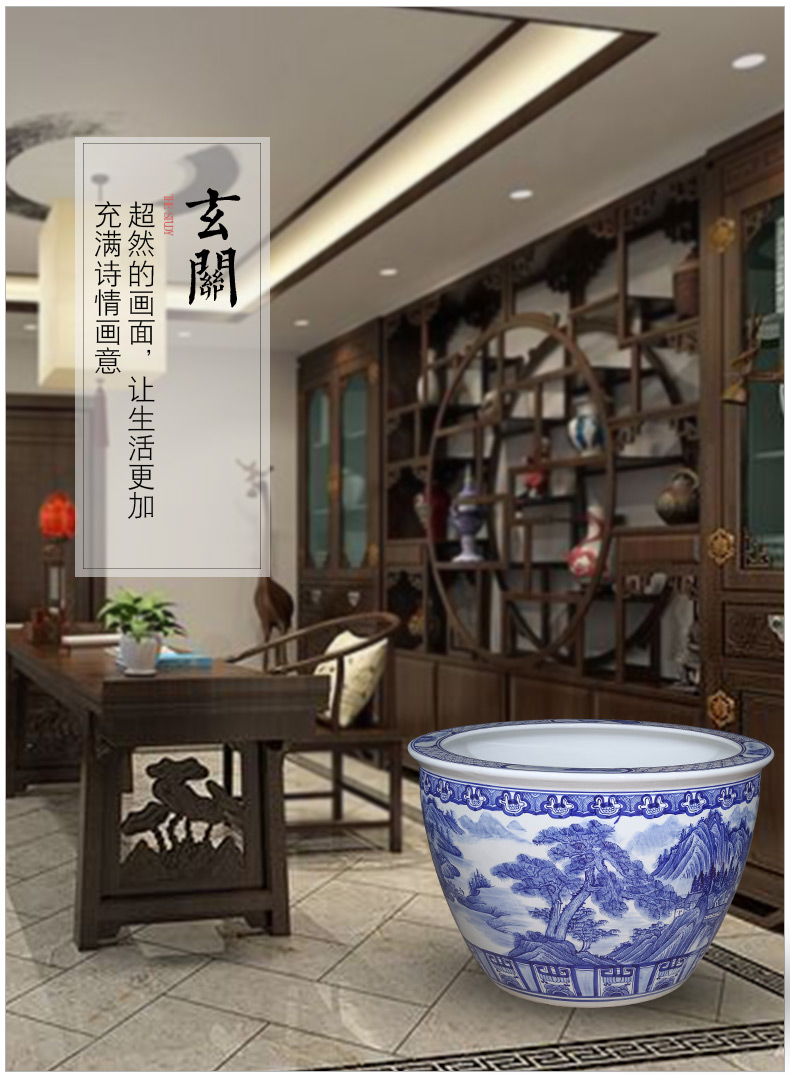 Jingdezhen ceramics hand - made scenery aquarium fish farming water lily of blue and white porcelain basin sitting room ground to heavy household size