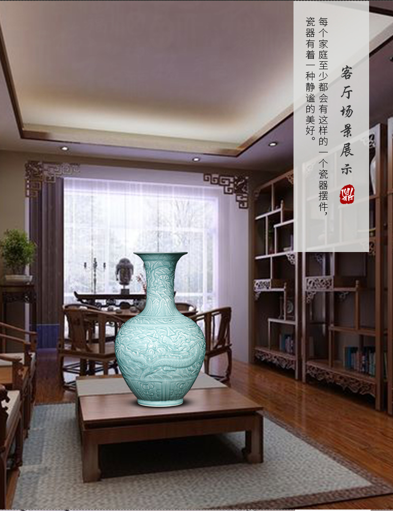 Jingdezhen ceramics pure manual shadow blue glaze carving dragon large vases, flower arranging new Chinese style living room furnishing articles