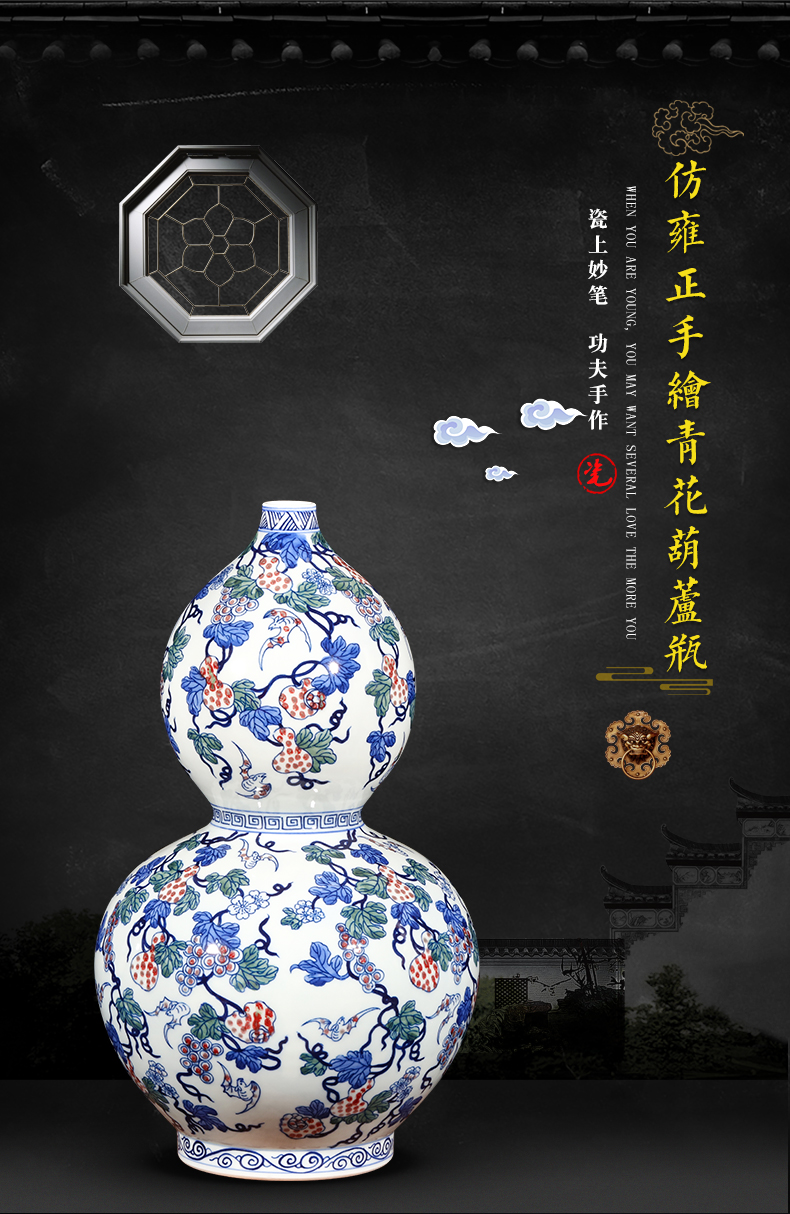 Jingdezhen ceramics hand - made antique blue and white porcelain live figure gourd vases, furnishing articles furnishing articles of Chinese style living room wine