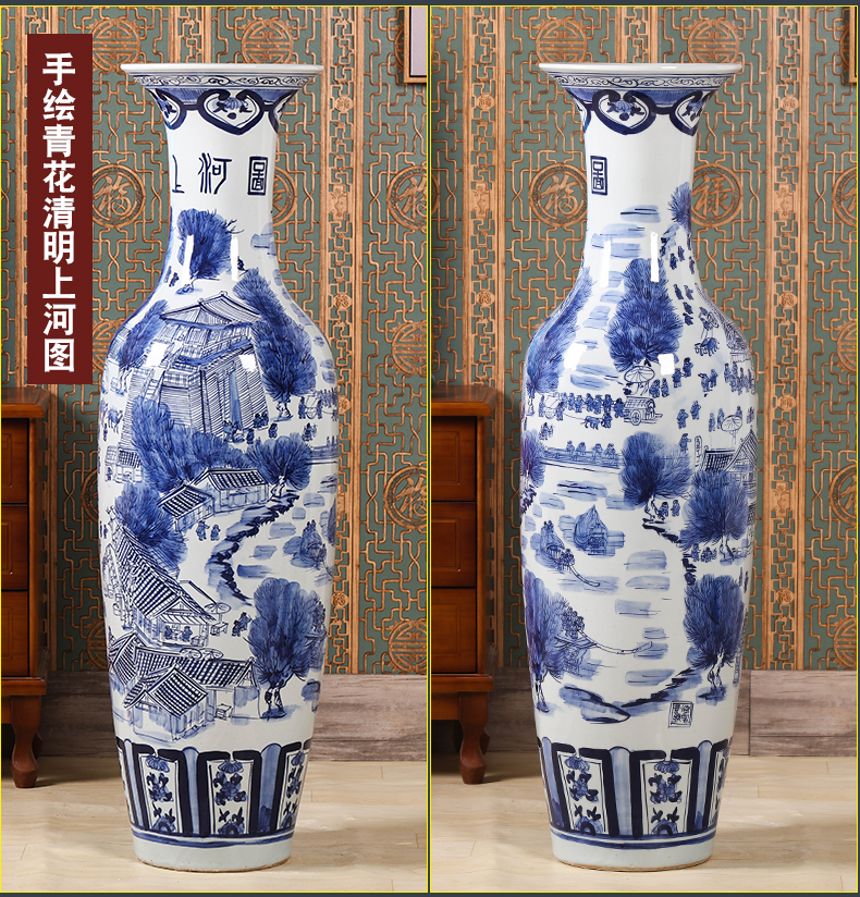 Jingdezhen ceramic large blue and white porcelain vase furnishing articles sitting room ground large new Chinese TV ark, housewarming ornaments