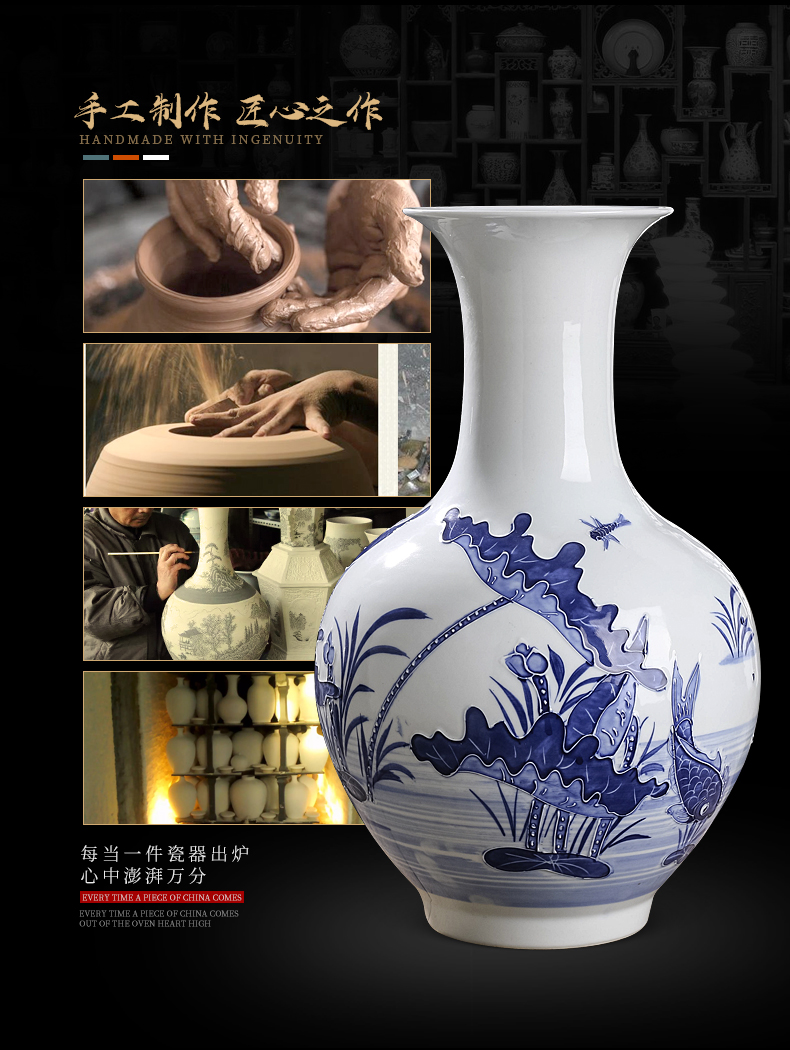 Jingdezhen ceramics hand - made embossed lotus furnishing articles Chinese style living room home flower adornment blue and white porcelain vase