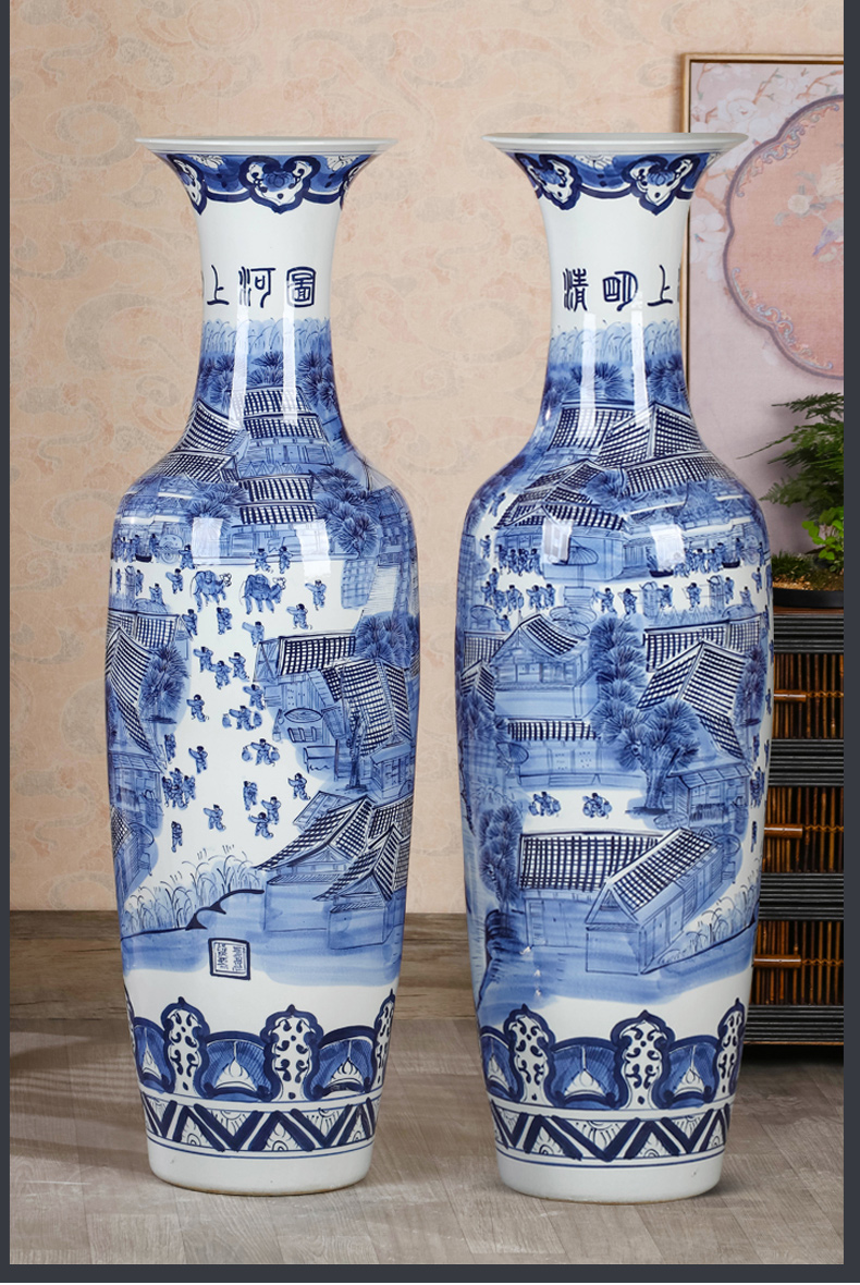 Jingdezhen ceramic antique hand - made ching Ming blue and white porcelain vase painting of large Chinese style living room large furnishing articles