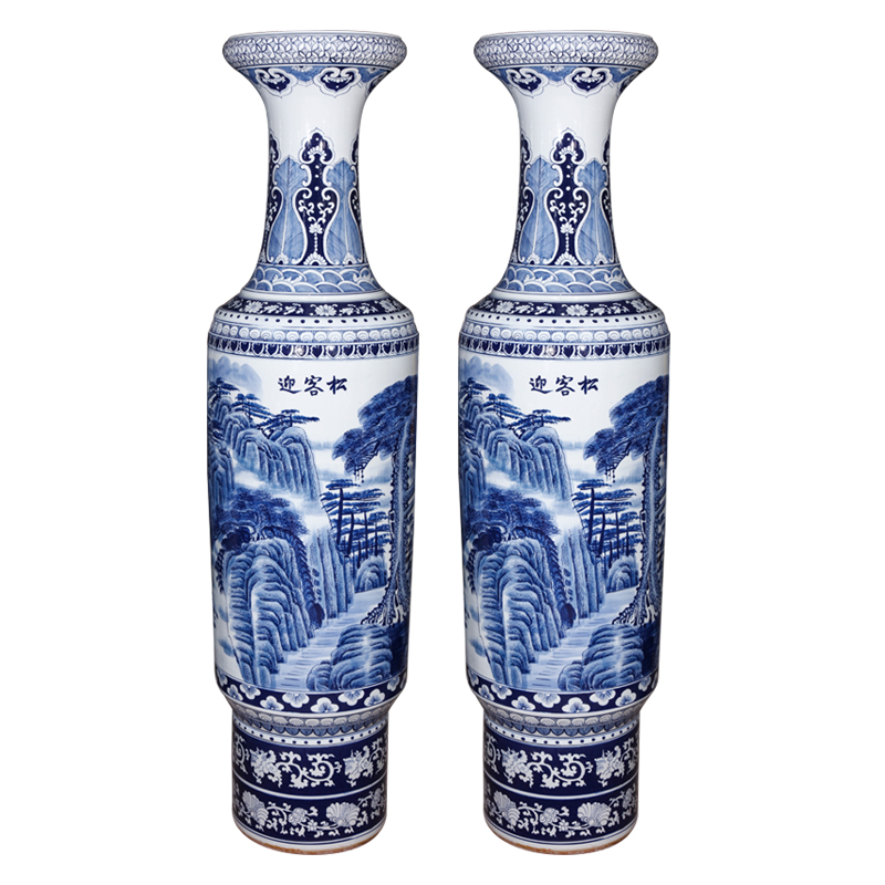 Jingdezhen ceramics hand - made guest - the greeting pine landscape painting of large blue and white porcelain vase villa hotel lobby for the opening