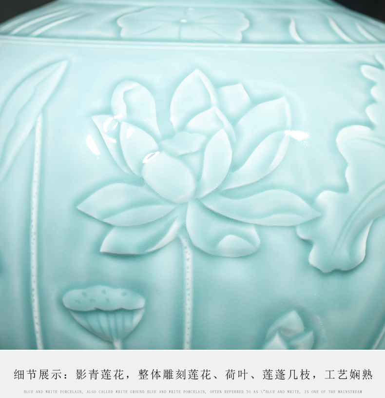 Jingdezhen ceramics imitation yongzheng hand - carved blue glaze furnishing articles large vases, flower arranging new Chinese style living room decoration