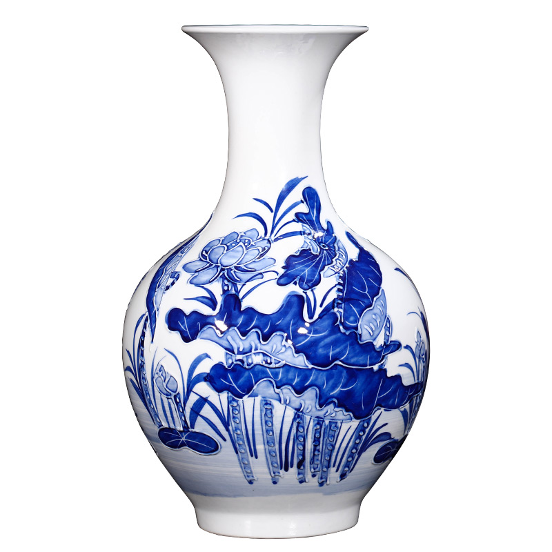 Jingdezhen ceramics hand - made embossed lotus flower vase of blue and white porcelain home decoration handicraft furnishing articles sitting room