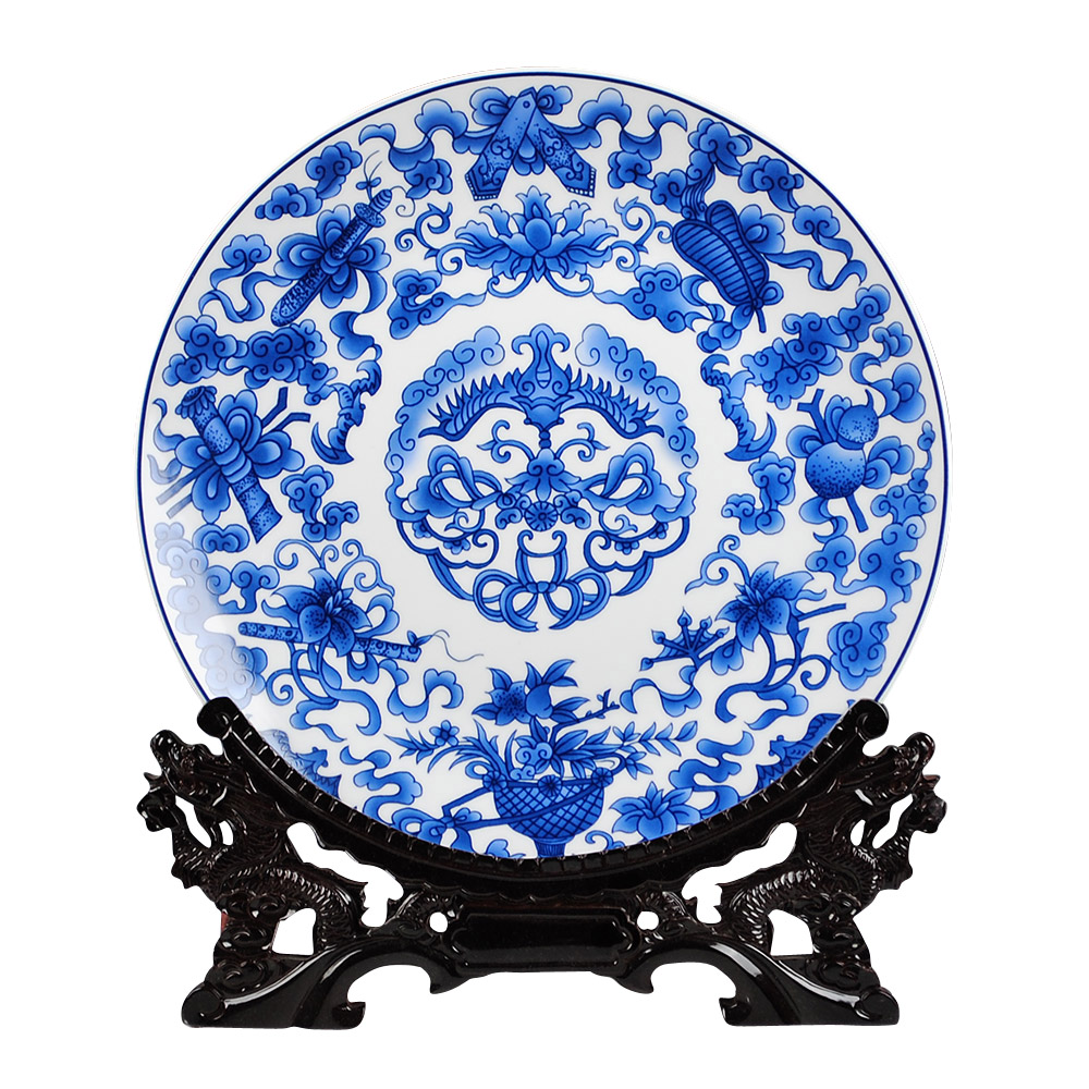 Ruyi hang dish of blue and white porcelain of jingdezhen ceramics decoration plate modern classical Chinese style living room home furnishing articles