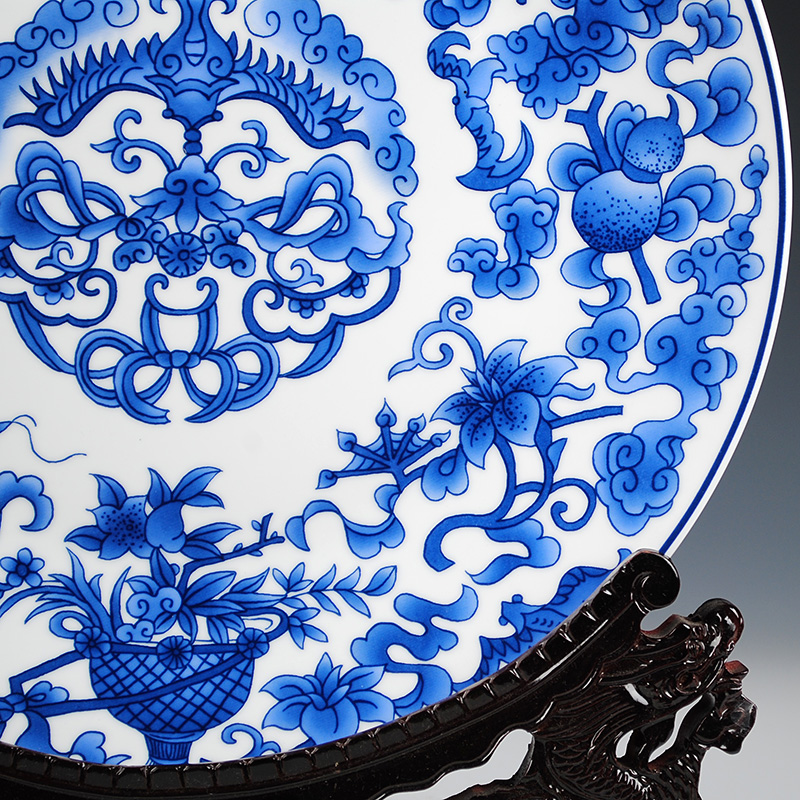 Ruyi hang dish of blue and white porcelain of jingdezhen ceramics decoration plate modern classical Chinese style living room home furnishing articles