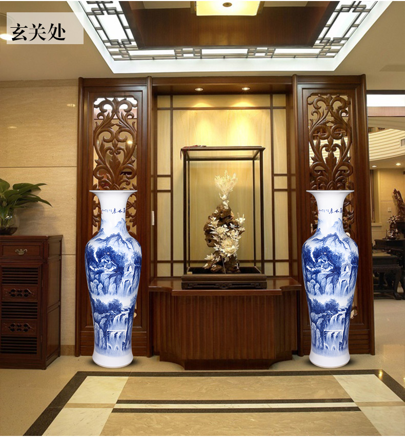 Jingdezhen ceramics hand - made landscape painting of large blue and white porcelain vase Chinese style living room TV cabinet porch place