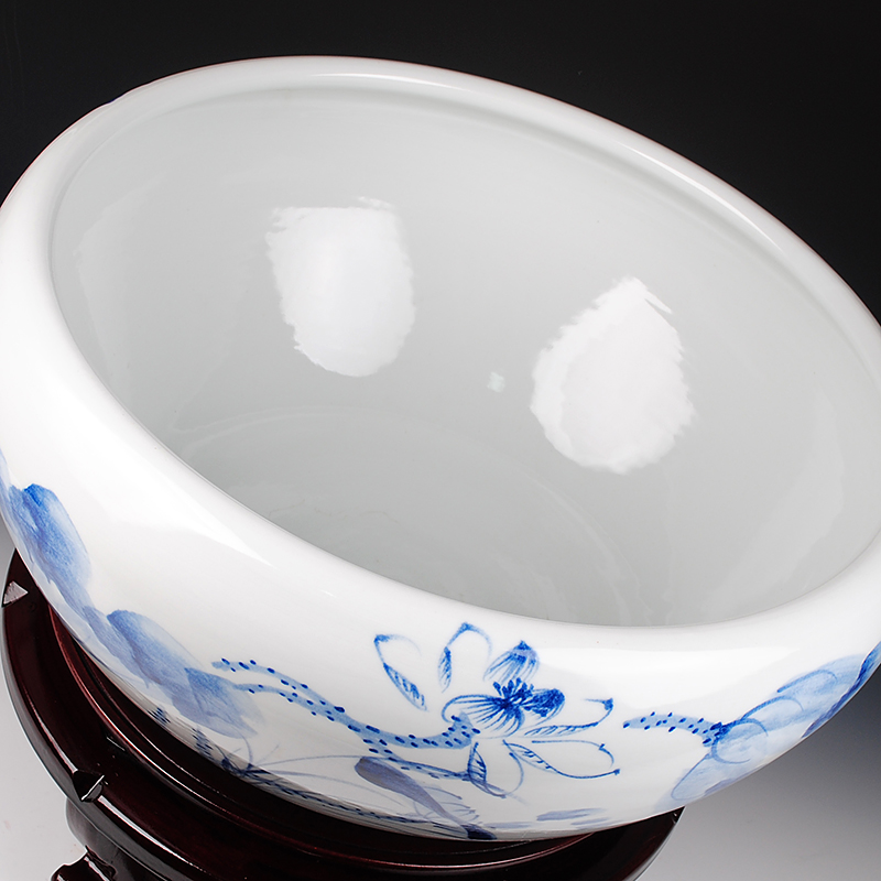 Blue and white shallow porcelain of jingdezhen ceramic goldfish bowl hand - made tortoise cylinder lotus lotus basin furnishing articles extra large