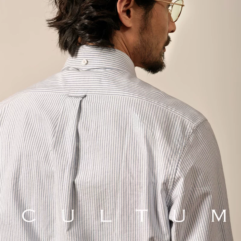 [Pure cotton Oxford] CULTUM washed striped button-down long-sleeved shirt men's retro college style shirt
