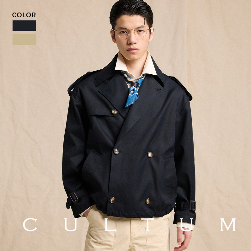 [Windproof and Water-Repellent] Cultum Pure Cotton Double-Row Lapel Short Trench Coat Jacket for Men, College Style Jacket