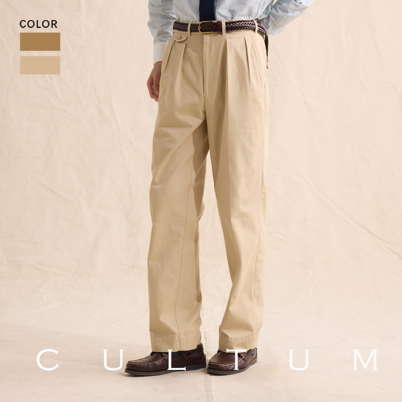 【100% Long-Staple Cotton】Cultum Vintage High-Waisted Double Pleated Twill Khaki Pants Men's Casual Straight Thick Pants