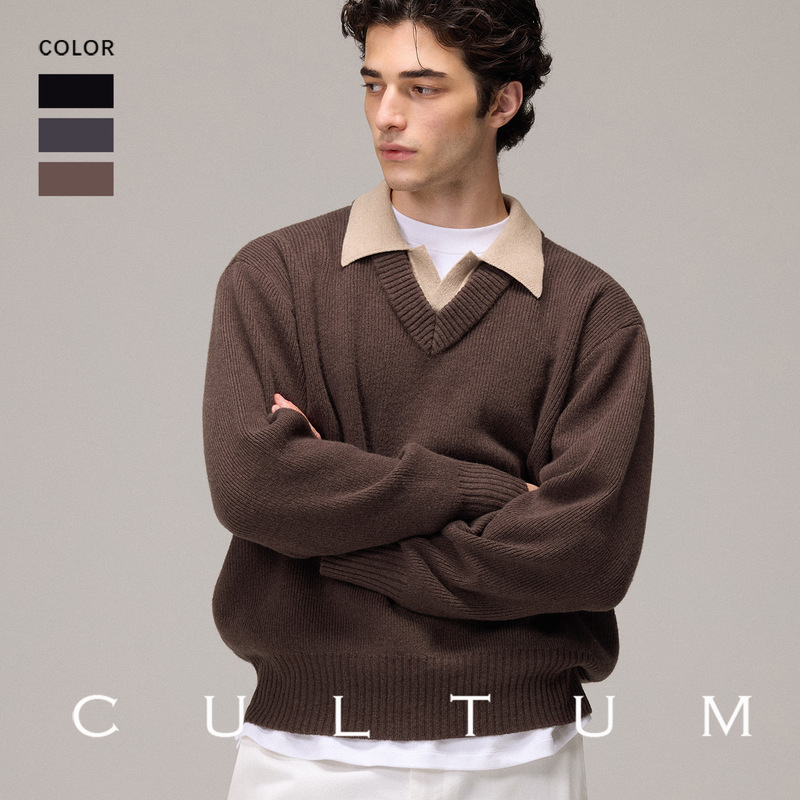 【100% Sheep Wool】Cultum Autumn and Winter Unisex Loose Faux Two-Piece Wool Sweater Pullover Knitwear