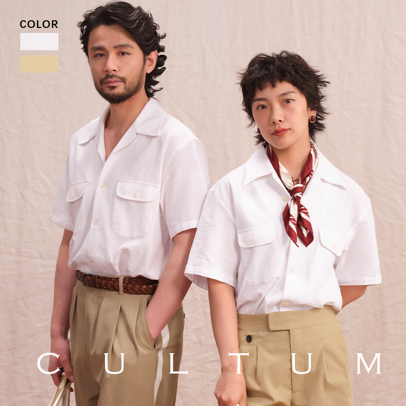 [Natural Breathable Cotton Yarn] Cultum Retro Sports Style Seersucker Cuban Collar Shirt, Same Style for Men and Women
