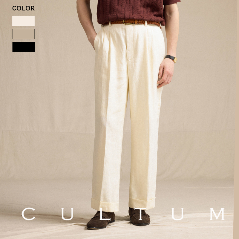【100% French Linen】Cultum Heavyweight High-Waisted Hollywood Pants Men's Straight-Leg Casual Trousers 【100% French Linen】Cultum Heavyweight High-Waisted Hollywood Pants Men's Straight-Leg Casual Trousers