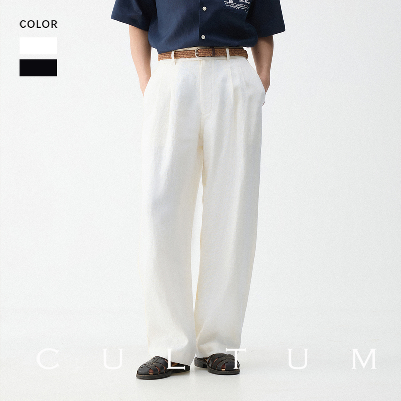 【100% French Linen】Cultum Spring/Summer Easy Care Breathable Comfortable High-Waisted Double Pleated Casual Scimitar Pants for Men