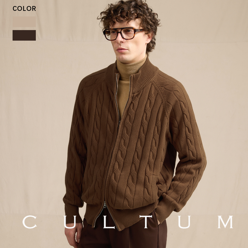 【Heavyweight Cotton】Cultum Thickened 880g Heavy Cable Knit Double Zipper Cardigan Stand Collar Sweater Jacket for Men