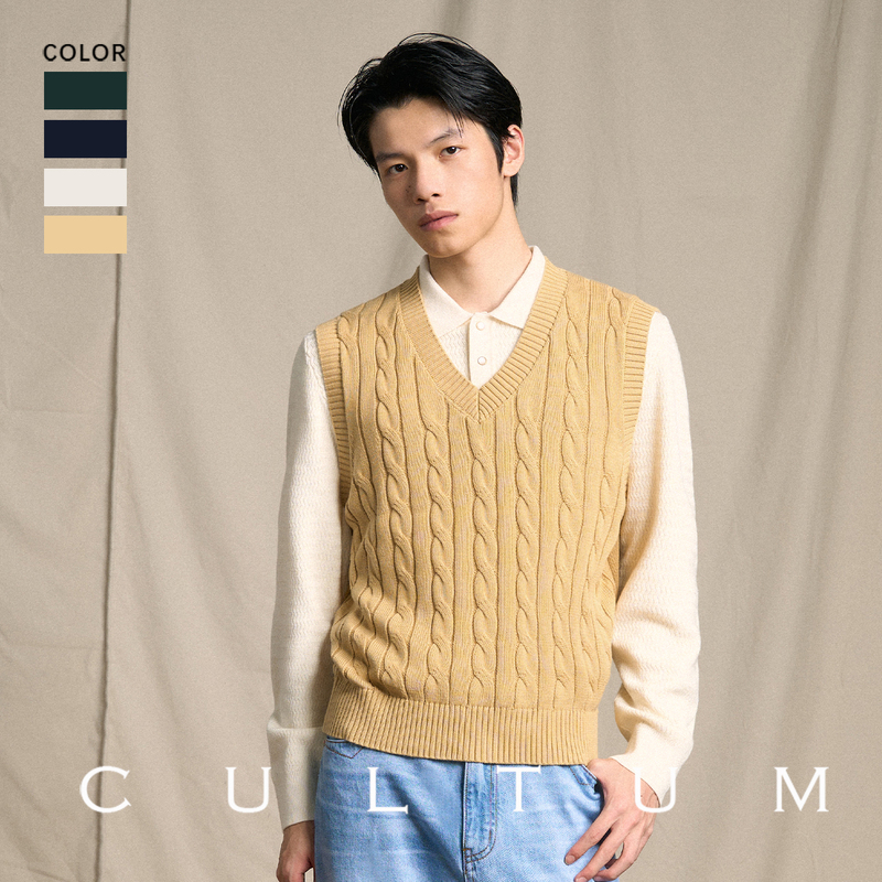 【100% Long-Staple Cotton】Cultum College Style Retro Cable Knit Vest for Men, Autumn and Winter Layered Wear Vest
