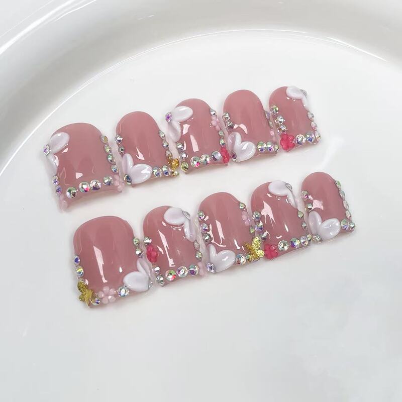 Purely Handmade High-End Full-Diamond Wearable Nails, Pink Rhinestone Flowers, Sweet and Whitening Manicure, Removable Nail Patches Purely Handmade High-End Full-Diamond Wearable Nails, Pink Rhinestone Flowers, Sweet and Whitening Manicure, Removable Nail Patches