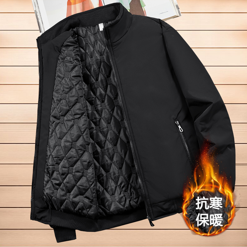 Middle-Aged and Elderly Men's Jackets for Autumn and Winter, Fleece-Lined and Thickened, Casual Middle-Aged Men's Coats with Stand Collar, Winter Clothing for Grandfathers and Fathers
