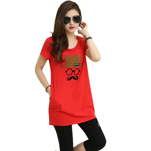 Футболка, летняя одежда, длинный комплект для отдыха, 2020, в корейском стиле, подходит для полных девушек, средней длины, короткий рукав