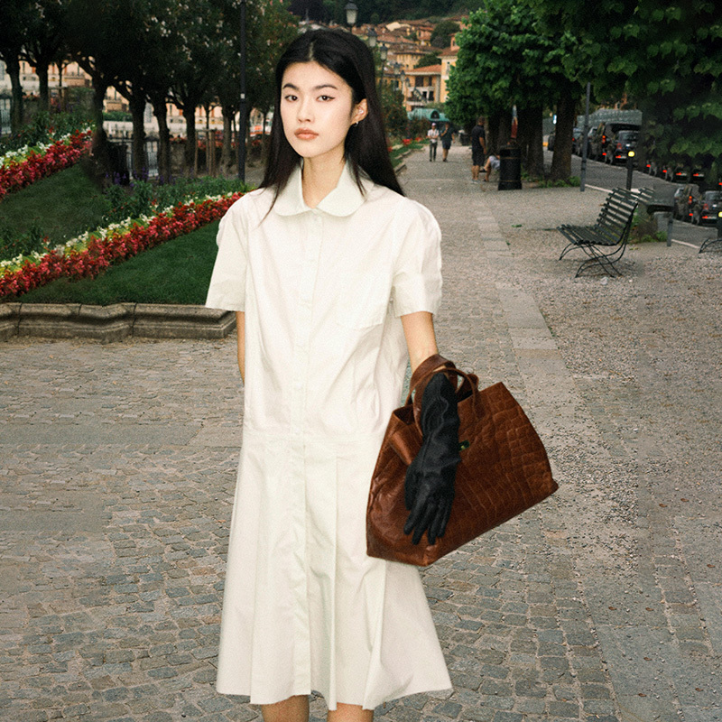 Ganmuu Qianjin Old Money Style Cotton Intellectual Low-Waist Miu-Style Pleated French Minimalist Short-Sleeve Dress