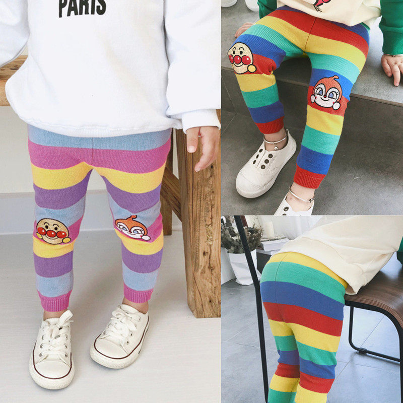 Autumn Winter New Pint Dress 1-6 Year Old Rainbow Striped Pure Cotton Wire Pants Inner Fit Pants Warm Pants Baby Gush Knitted Pants
