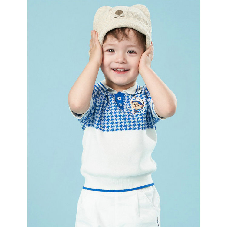 Summer new boy turned over jacquard knit cardiovert short sleeve T-shirt shorts soft and stylish navy wind suit