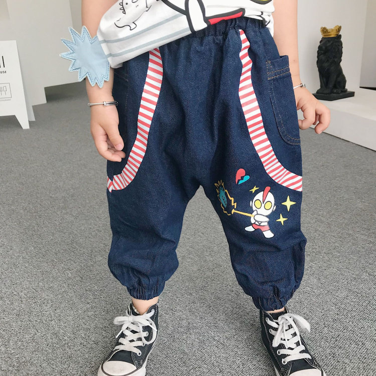 19 years new pure cotton cartoon printed middle waist jeans male and female slim down breathable dark blue jeans