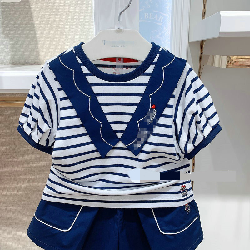 Summer New Korean Version Girl Navy Academy Wind Cotton Striped Short Sleeve T-shirt Pure Cotton Soft White Tower Striped Blouse