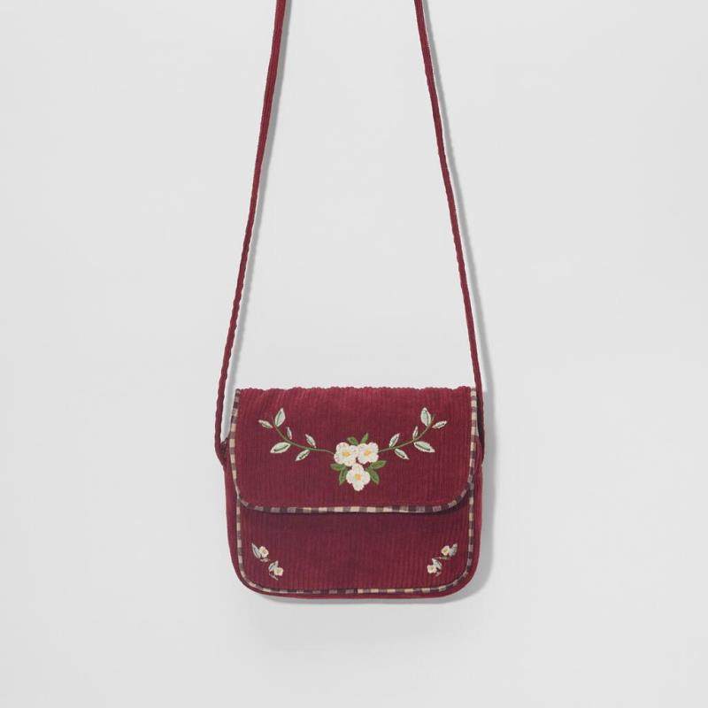 Z home new children's bag girls flower embroidery diagonal cross bag burgundy corduroy shoulder bag vintage small bag