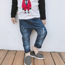 Clear cabin spring childrens clothes men and women washed blue jeans soft patch paint denim long pants single layer