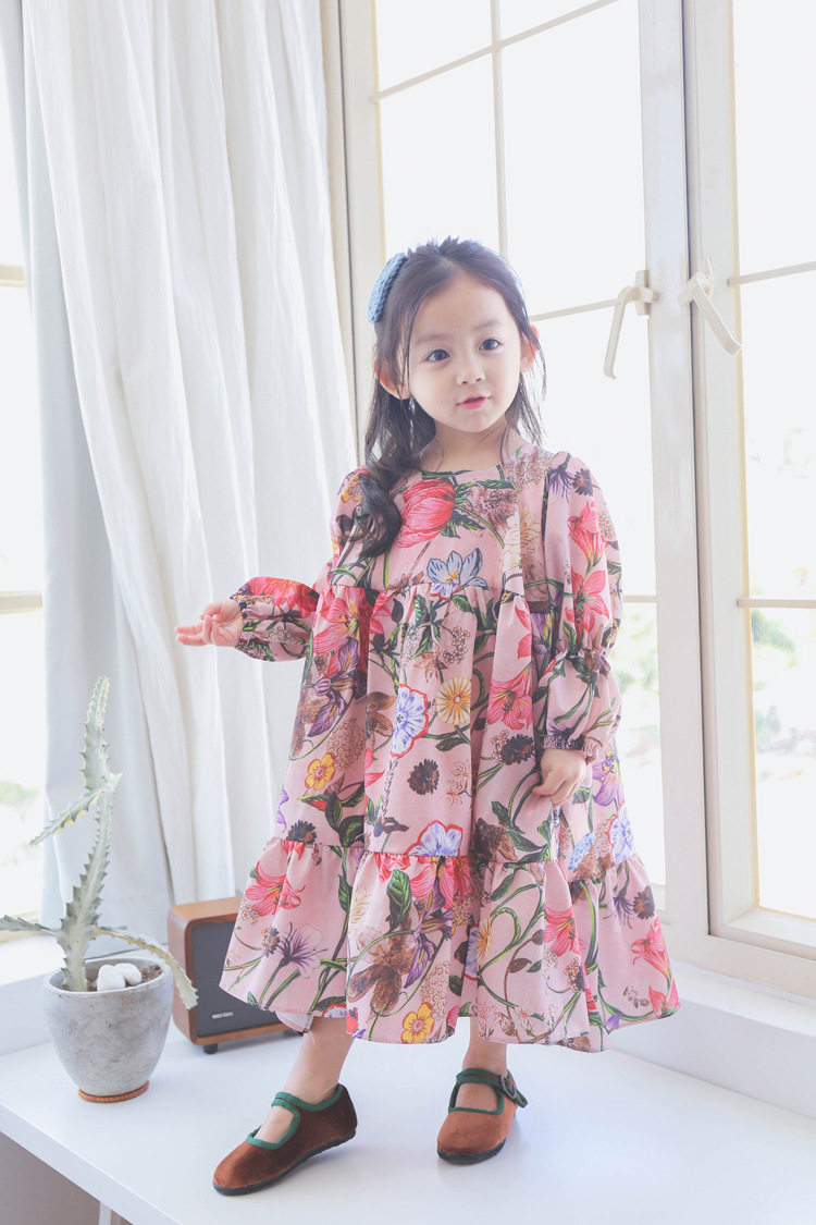 Spring-style children dress girl big broken flowers dress pink long version fairy skirt baby long sleeve red double layer foreign dress