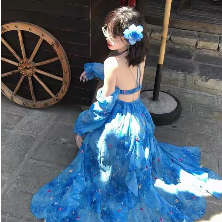 Smudged Blue Rose Backless Suspender Dress with Detachable Sleeves, Slit, Asymmetrical Dress, Printed Seaside Vacation Dress