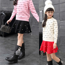 2021 spring autumn and winter girls knitted short skirt wool pearl high waist baby puffy umbrella skirt childrens bottoming skirt