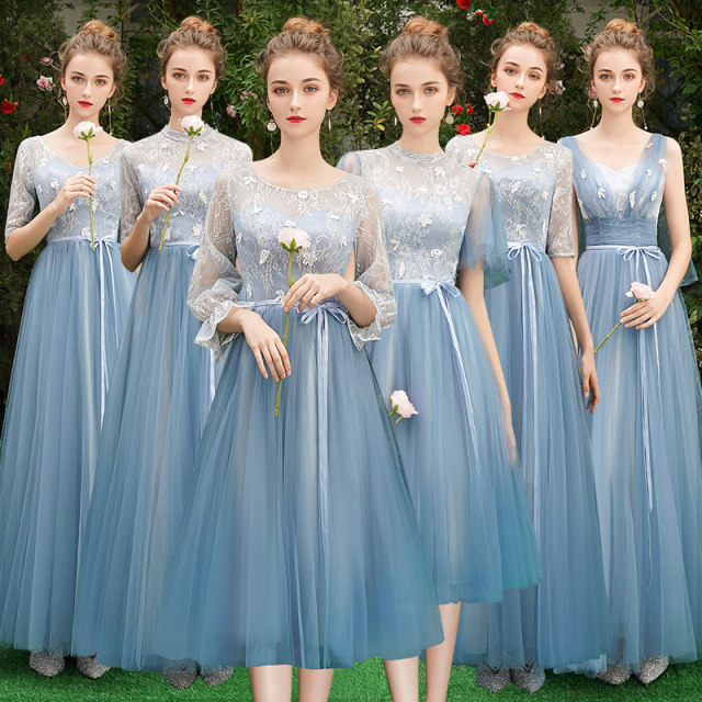 Blue bridesmaid dress long section 2021 new autumn Korean version of the bridesmaid group sister skirt party choir costumes