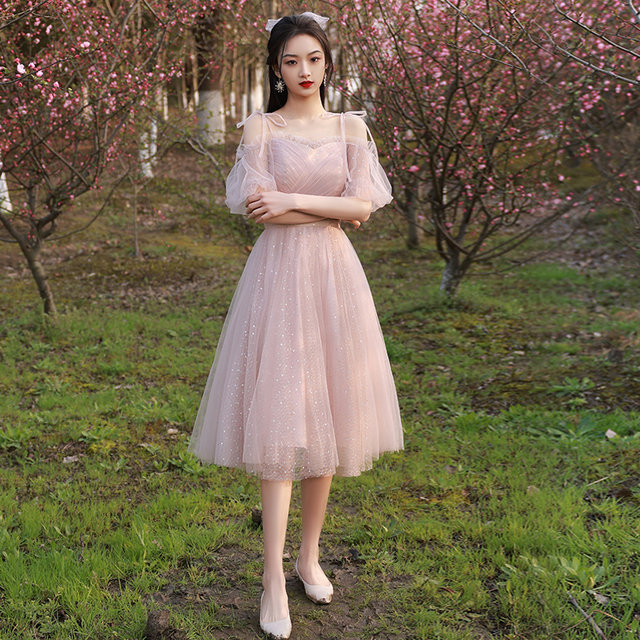 Pink bridesmaid dress 2021 new summer short section fairy temperament sister group leader evening dress skirt women show thin and cover meat