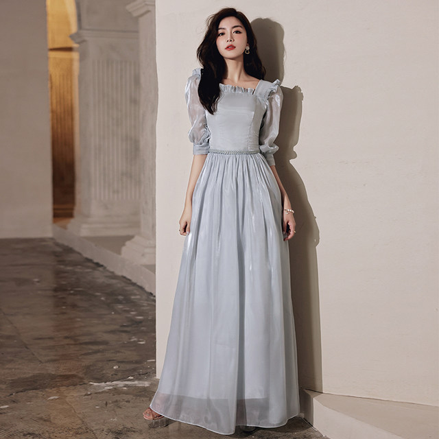 Gray bridesmaid dress 2021 new summer fairy temperament long section thin sister group evening dress skirt female simple atmosphere