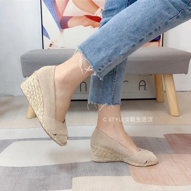 European and American Style Wedge Espadrilles for Women, Shallow Suede Peep-Toe Slip-On Retro Solid Color Casual High-Heeled Shoes
