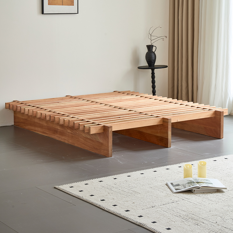 Tatami Walnut Wood Bed Without Headboard for Small Apartments, Ultra Space-Saving, Simple and High-End, with Reinforced Slatted Frame