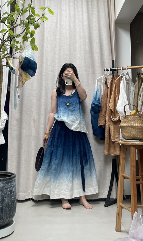 Persimmon Dye, Tie-Dye, Blue Dye, Pure Handmade Plant Dyeing, Spring New Product, Loose Linen Sleeveless Vest, Versatile Camisole