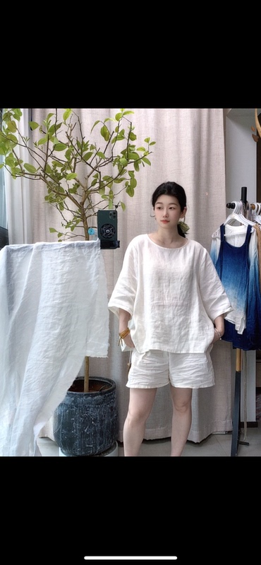 【Sweet Tea】3-Fold Washed Linen Off-Shoulder Top Short Sleeve Pleated Loose Artistic Cape Linen Round Neck Top