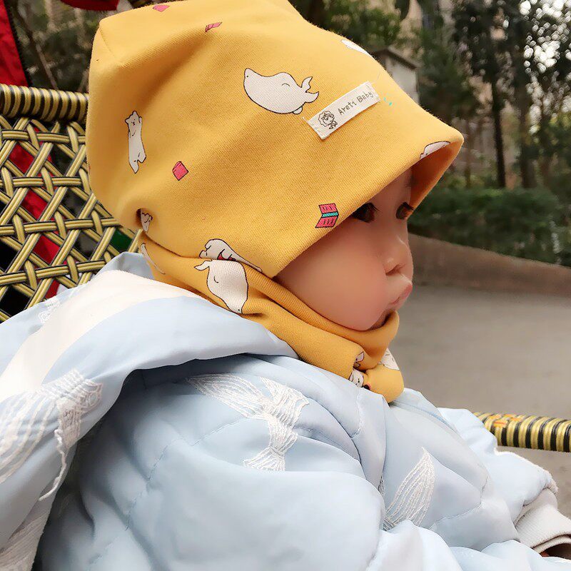 Spring, autumn and winter infants and young children boys and girls treasure 0-1-2-7 years old pure cotton cartoon double-layer head tire hat bib suit