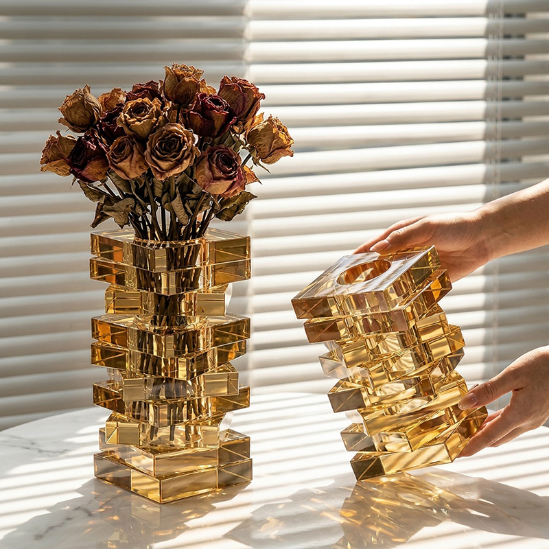 Italian-Style Light Luxury Crystal Vase Decoration for Living Room Flower Arrangement, Dining Table, Tea Table, High-End Model Room Transparent Glass Ornament