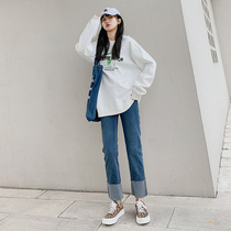 Xiaomi Bear Flip Side Straight Barrel Jeans Womens Elastic 2022 Spring Autumn New Retro High Waist Display Slim Loose Pants