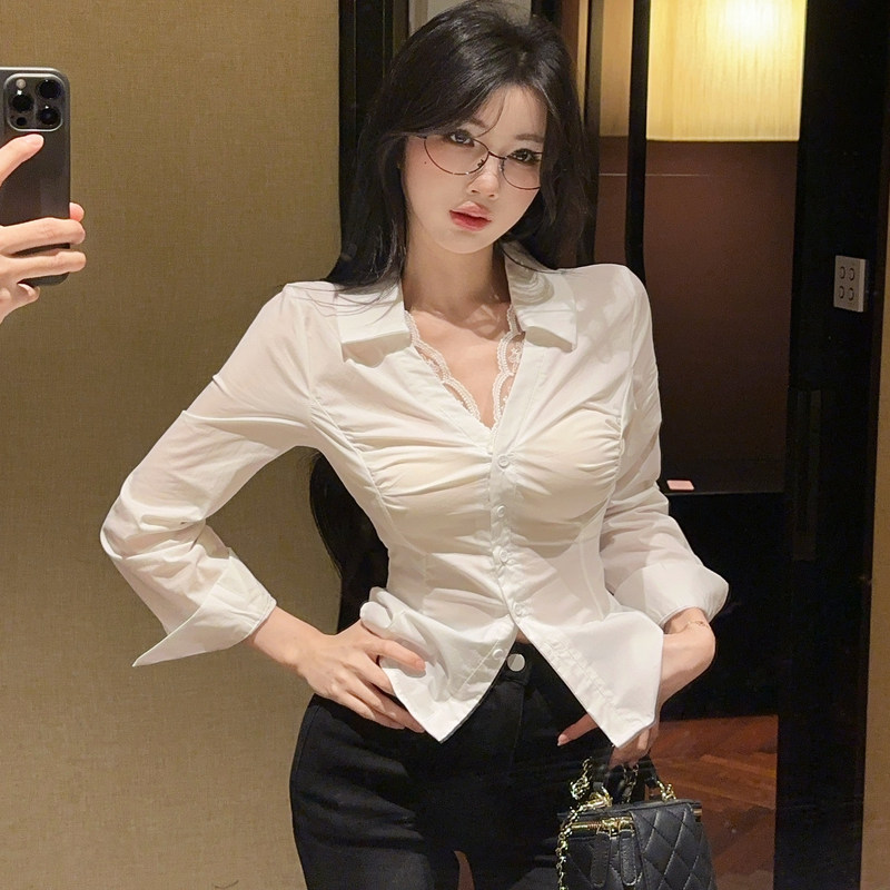 Purely Sensual and Stylish Lace Long-Sleeve Shirt for Women, with a Mature and Slimming Waist-Cinching Design, Suitable for Professional Wear