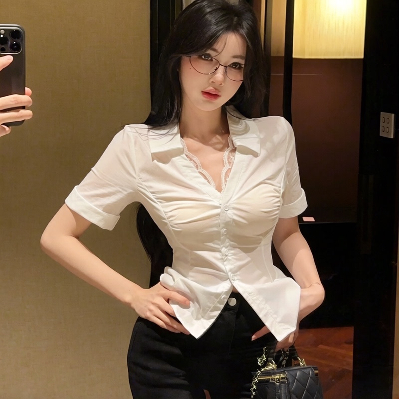 White V-Neck Pleated Short-Sleeve Shirt for Women, New Summer Style, Slim Fit, Suitable for Work, Professional Attire, Versatile Top