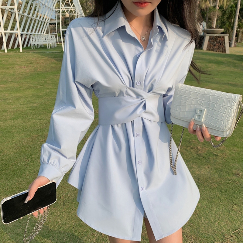 French-Style Cinched Waist Long-Sleeved White Shirt for Women, Spring and Autumn Design, Niche Gentle Style, Mid-Length Top