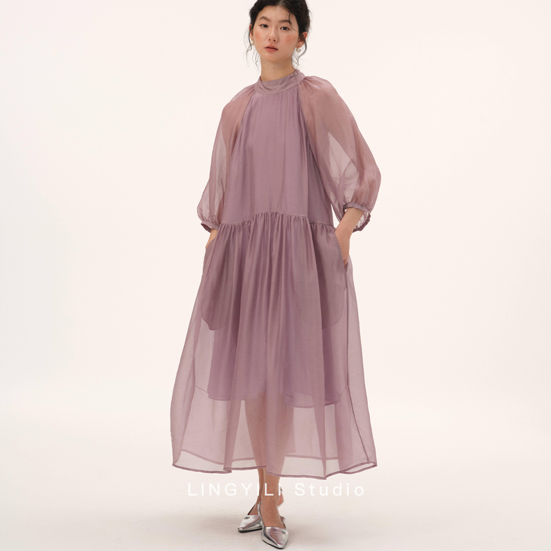 Lingyili 2026 Summer Series Puff Sleeve Smoke Purple Puffy Dress