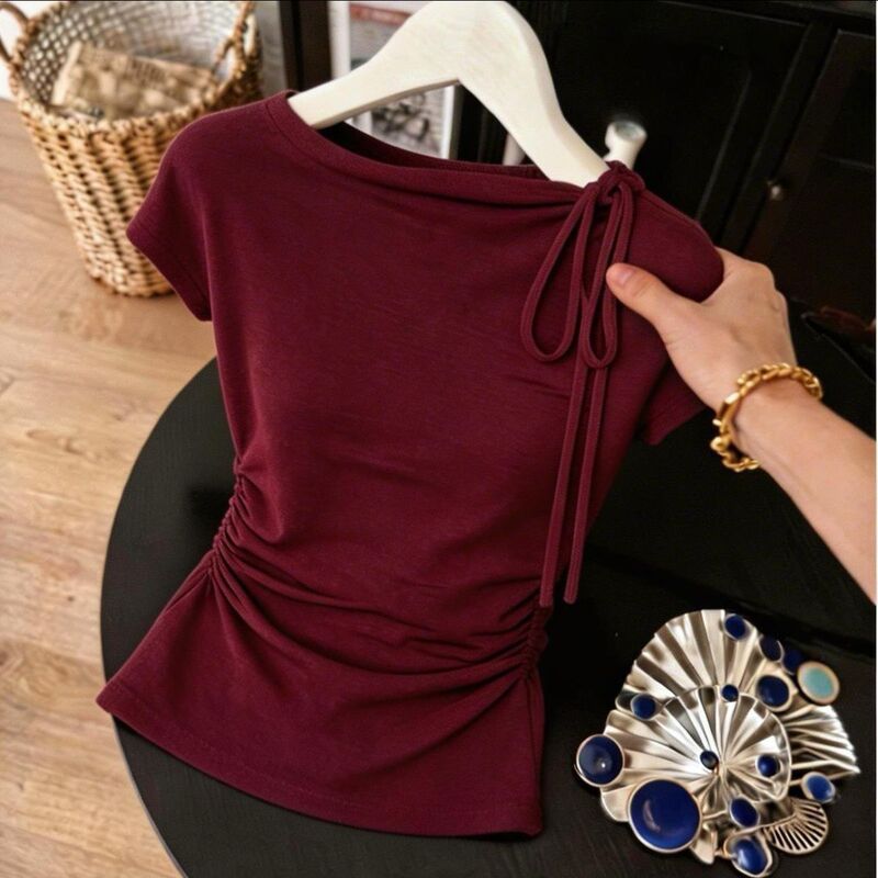 Pure Desire Style Hot Girl Summer New Short-Sleeved T-Shirt for Women with Tie Bow, Slim Fit, Ruched Waist, Slimming and Elegant Top